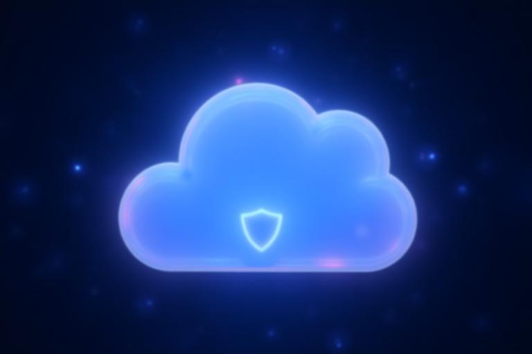 A secure cloud icon surrounded by a protective digital shield.