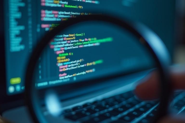 A magnifying glass hovering over lines of code on a computer screen.